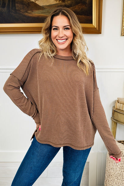 Parchment Twist Ribbed Exposed Seam Detail Long Sleeve Loose Top