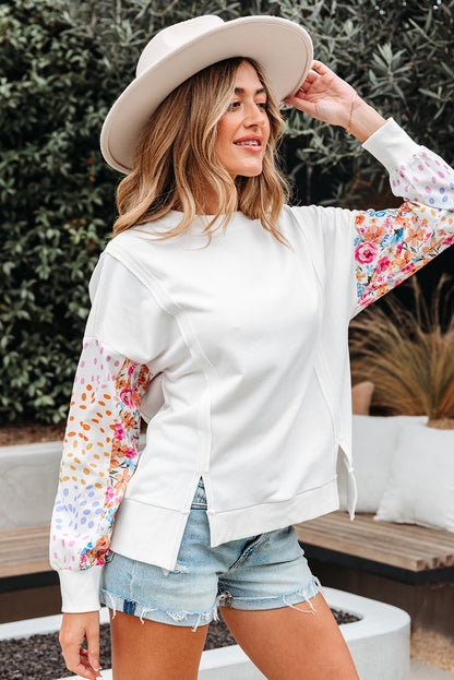 White Floral Dotted Mixed Print Patchwork Sleeve High Low Casual Sweatshirt