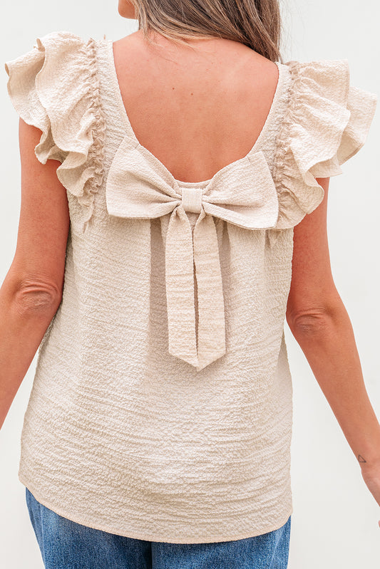 Beige Textured Bow Knot Frilled Butterfly Sleeve Blouse