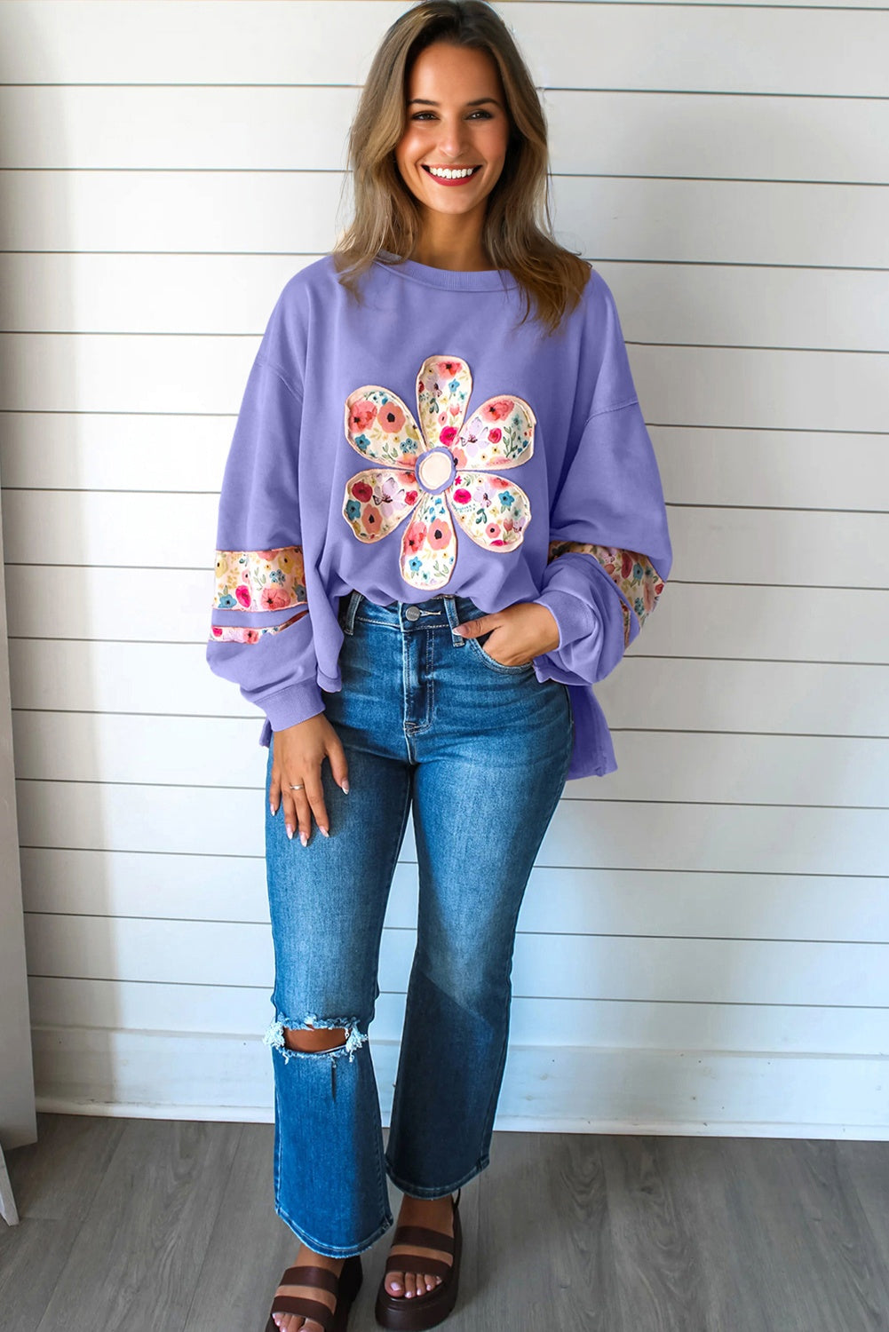 Wisteria Floral Applique Baggy Pullover Sweatshirt