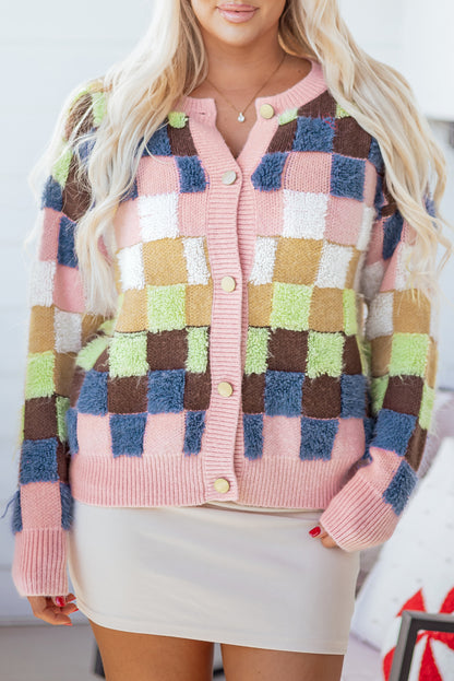 Multicolour Plush Checkered Pattern Button Front Cardigan Sweater