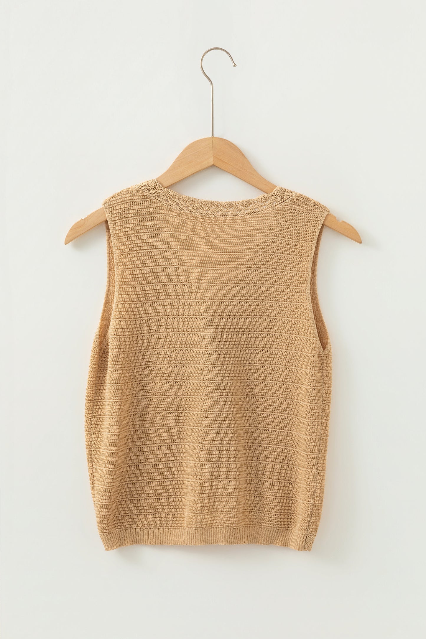 Pale Khaki Hollow out Trim Buttoned Front Boho Sweater Vest