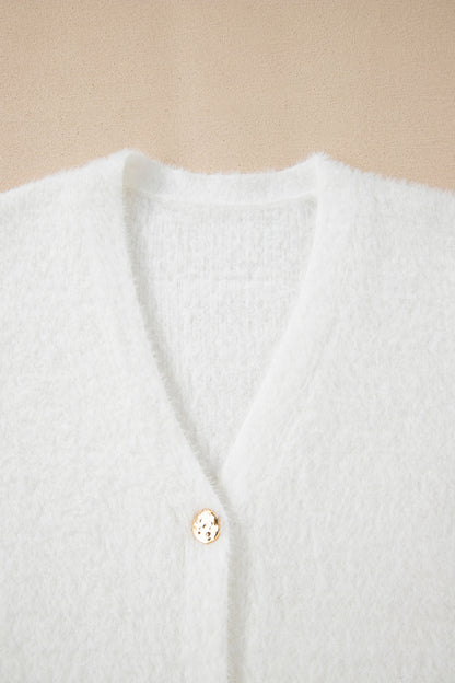 Smoke Gray Fuzzy Buttoned Front Midi Solid Cardigan