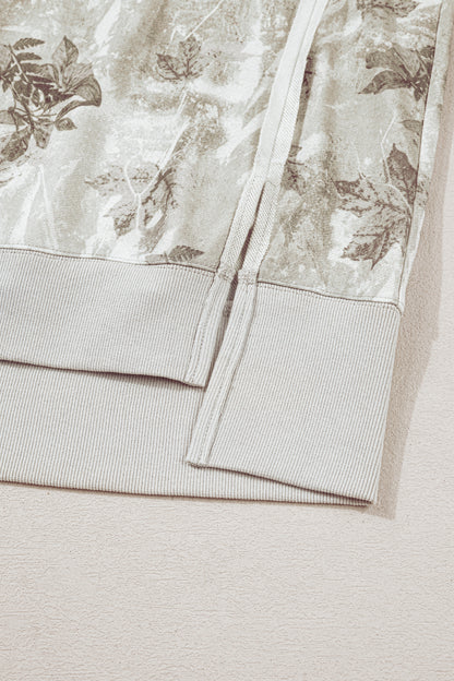 Gray Leafy Camo Print Exposed Seam Patchwork Baggy Slit Sweatshirt