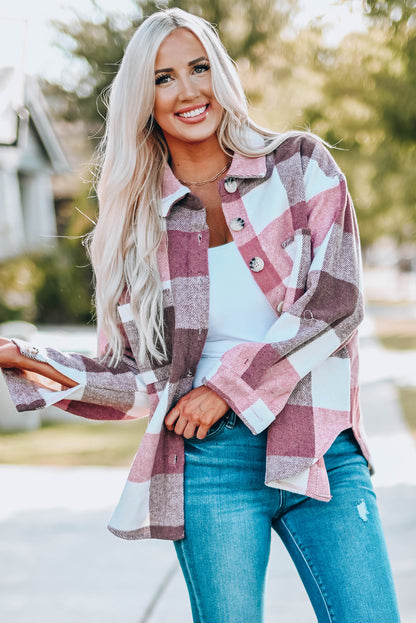 Pink Plaid Color Block Buttoned Long Sleeve Jacket with Pocket