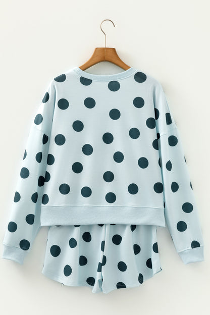 Sky Blue Polka Dot Print Drop Shoulder Pullover Drawstring Shorts Set