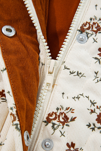 Apricot Floral Print Zip Up Quilted Vest