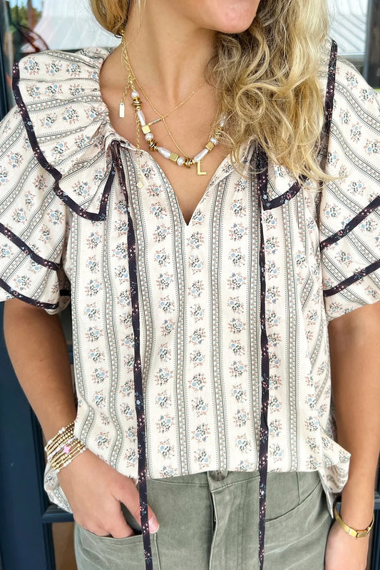 White Floral Ruffled Collar Short Puff Sleeve Printed Blouse