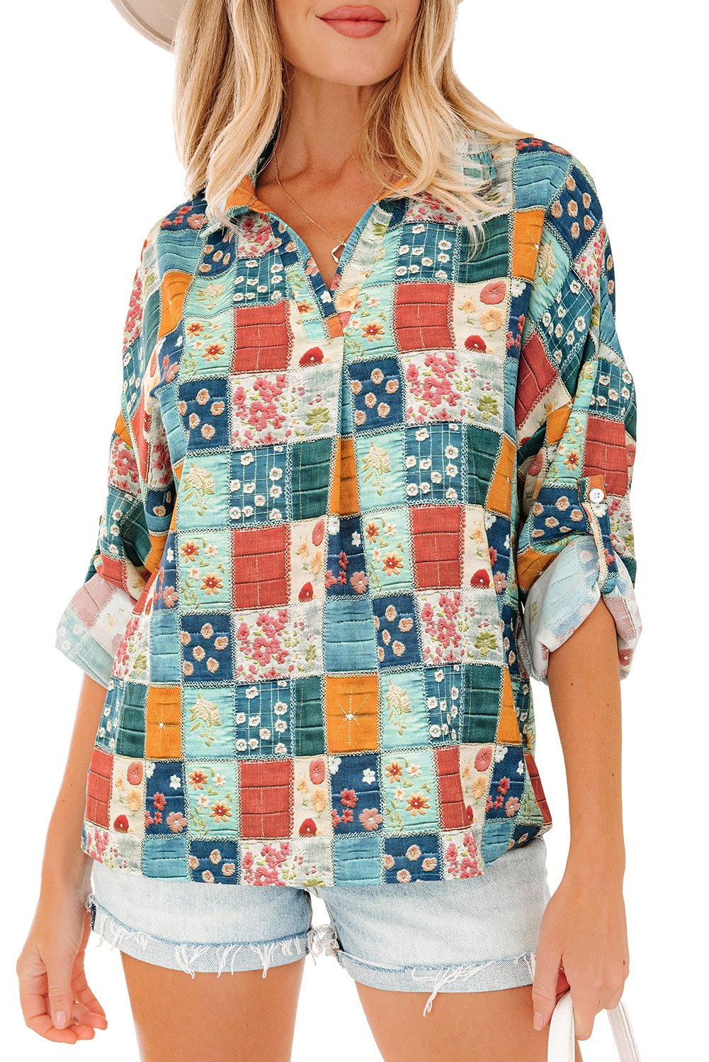 Sky Blue Floral Collared V Neck Roll up Sleeve Shift Blouse