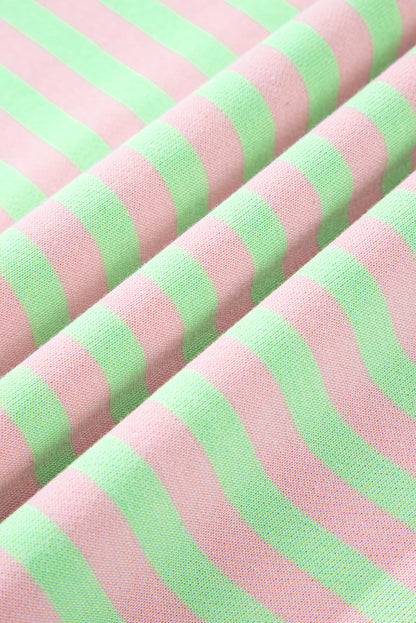 Green Stripe Contrast Ribbed Trim Crossed Stitch Drop Shoulder Sweatshirt