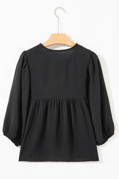Black Bow Tie Neck 3/4 Sleeve Casual Blouse