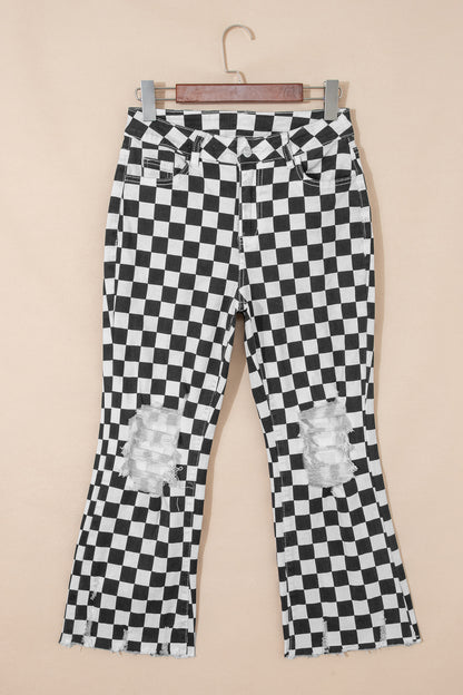 Black Checkerboard Print Distressed Holes Raw Edge Cropped Jeans