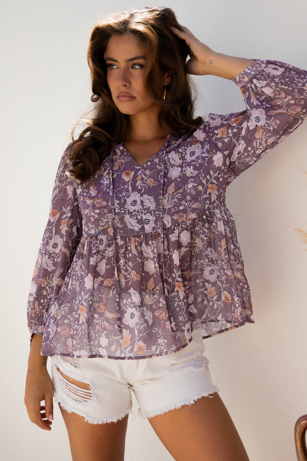 Blue Boho Flower Print 3/4 Sleeve Babydoll Blouse