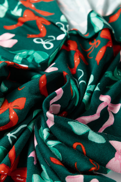 Green Festive Bow Print 2pcs Pajama Pant Set