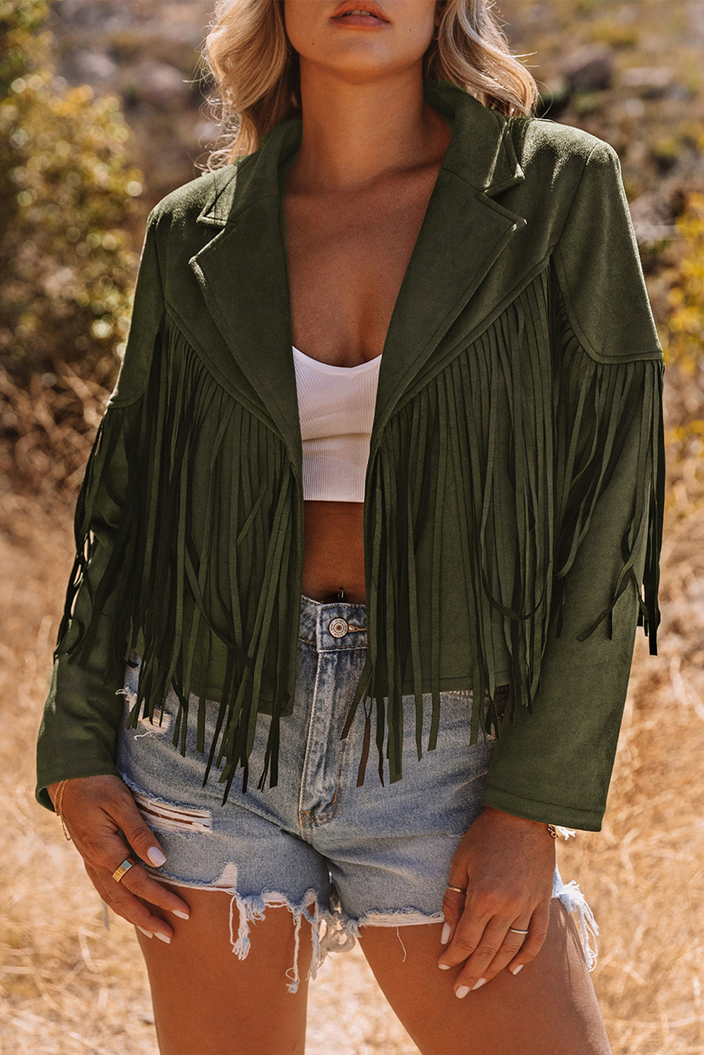 Green Cropped Fringe Faux Suede Jacket