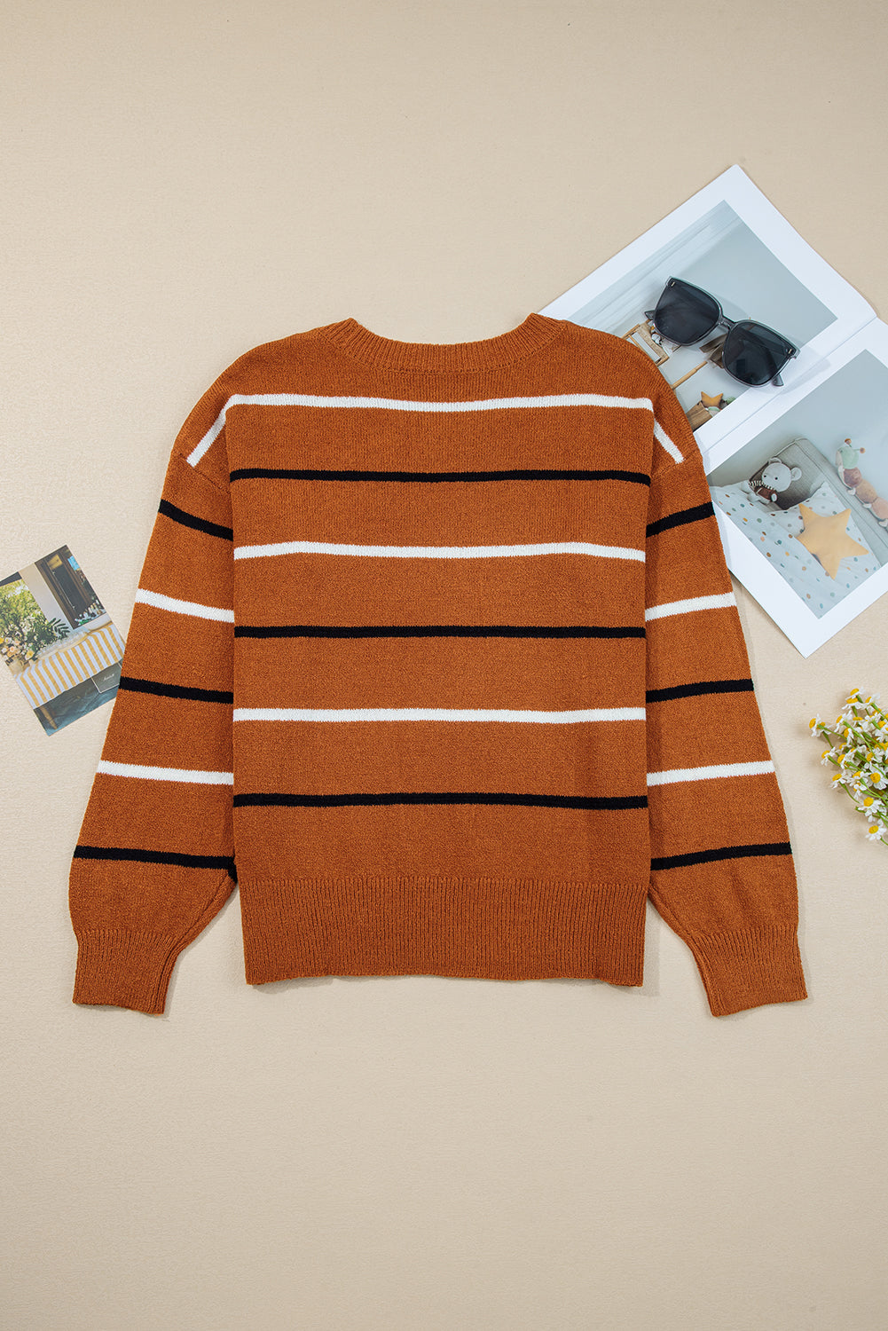 Brown Stripe Striped Ribbed Edge Drop Shoulder Sweater