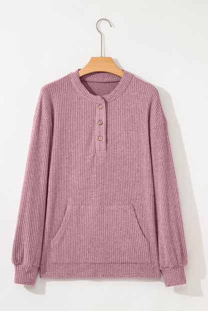 Clearly Aqua Ribbed Texture Drop Shoulder Henley Knit Top