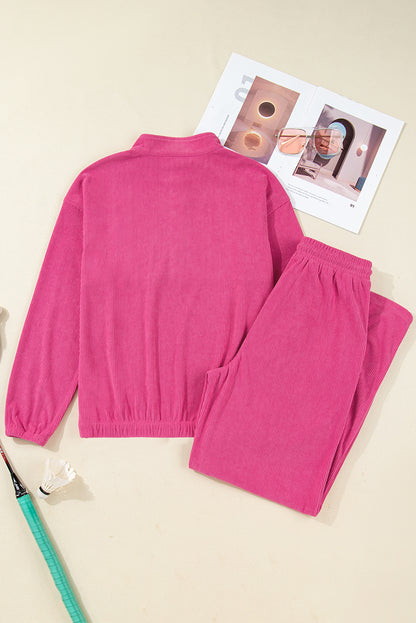 Peach Blossom Half Button Pullover Drawstring Pants Solid Color Corduroy 2pcs Outfit