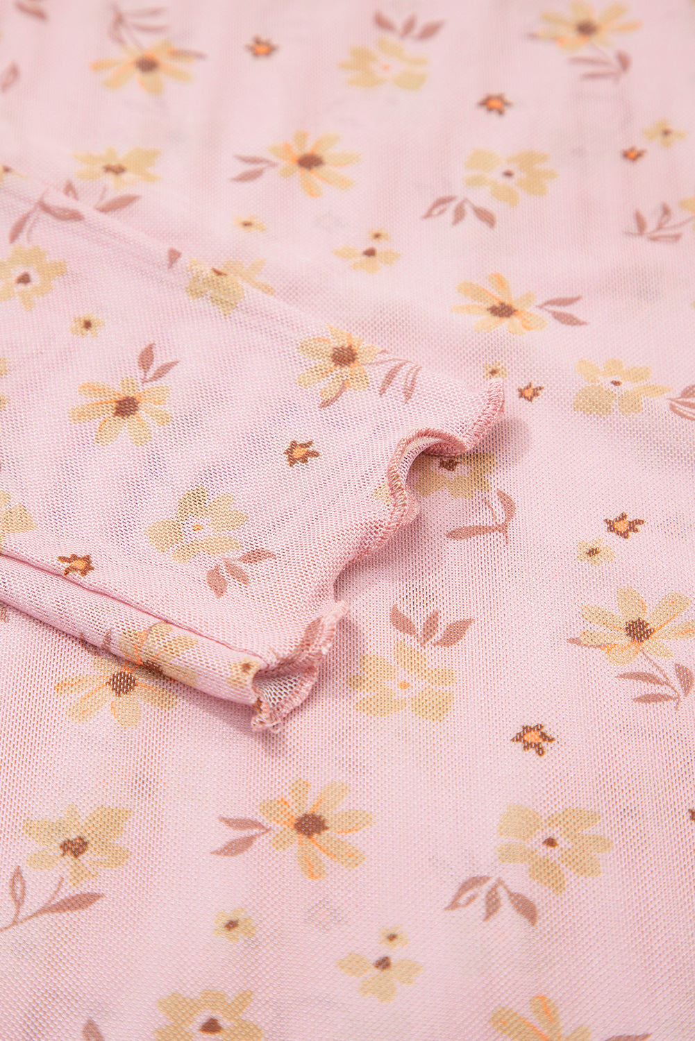 Pink Vintage Floral Print Southern Style Mesh Long Sleeve Top