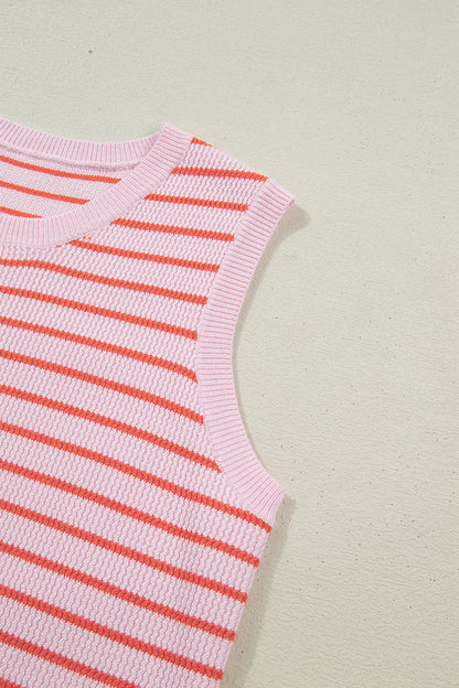 Pink Stripe Textured Knit Sleeveless Casual Sweater Top