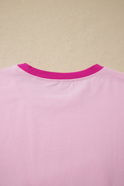 Gossamer Pink Embroidered Bow Detail Color Block Loose Tee
