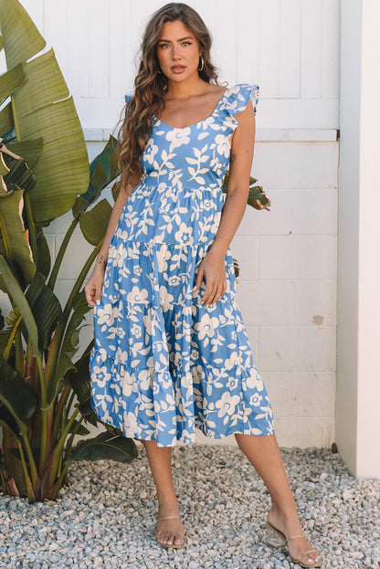 Sky Blue Floral U Neck Flutter Shoulder Tiered Flowy Midi Dress