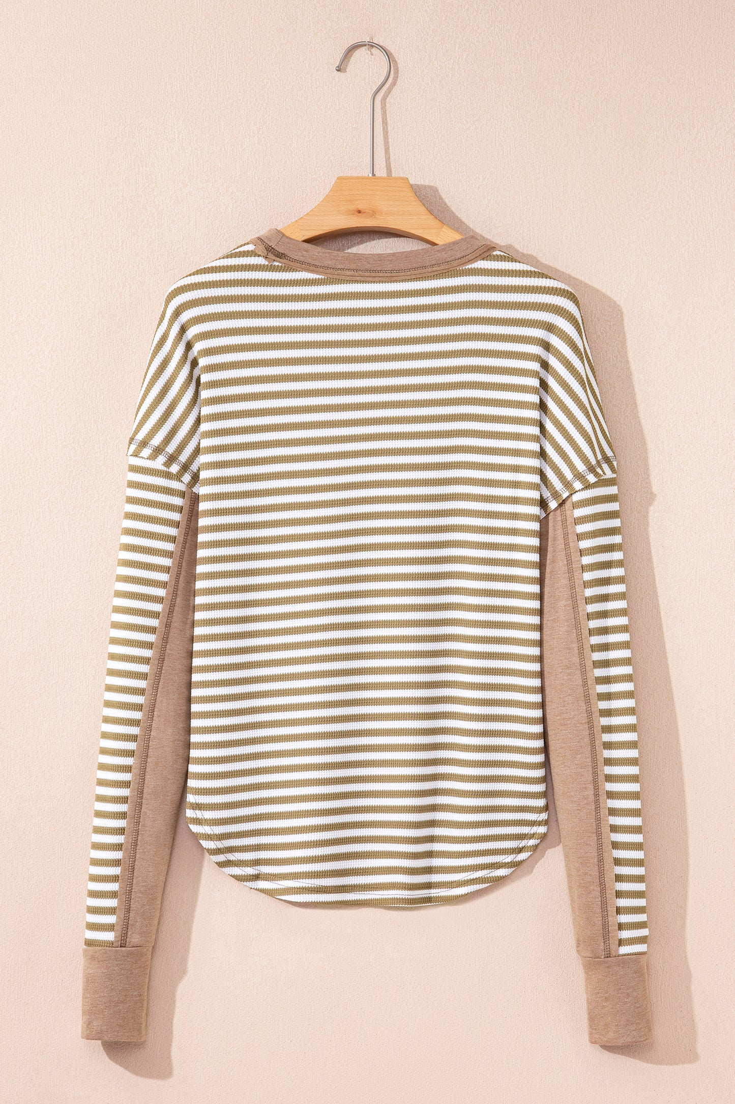 Khaki Stripe Thermal Knit Drop Shoulder Casual Top