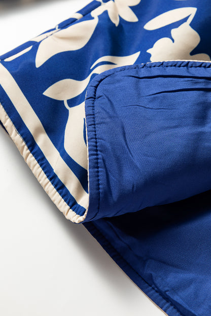 Blue Flower Print Open Front Buttoned Cuffs Elegant Jacket