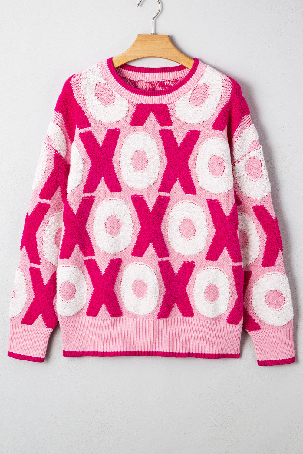 Pink XOXO Pattern Drop Shoulder Crewneck Valentines Sweater