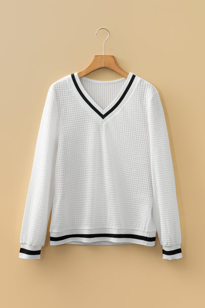 White Textured Knit Preppy Striped Trim V Neck Pullover Waffle Top
