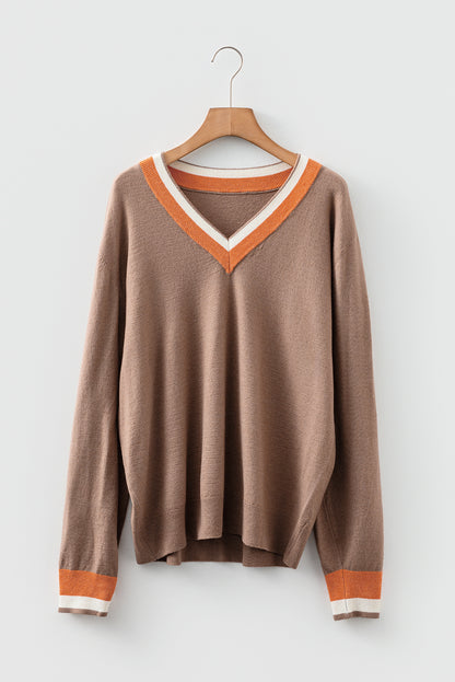 Black Contrast Striped Trim V Neck Varsity Sweater