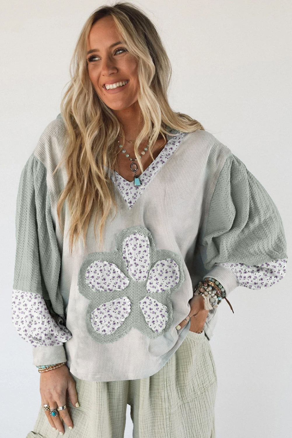 Green Floral Patched Waffle Textured Colorblock V Neck Casual Hooded Top
