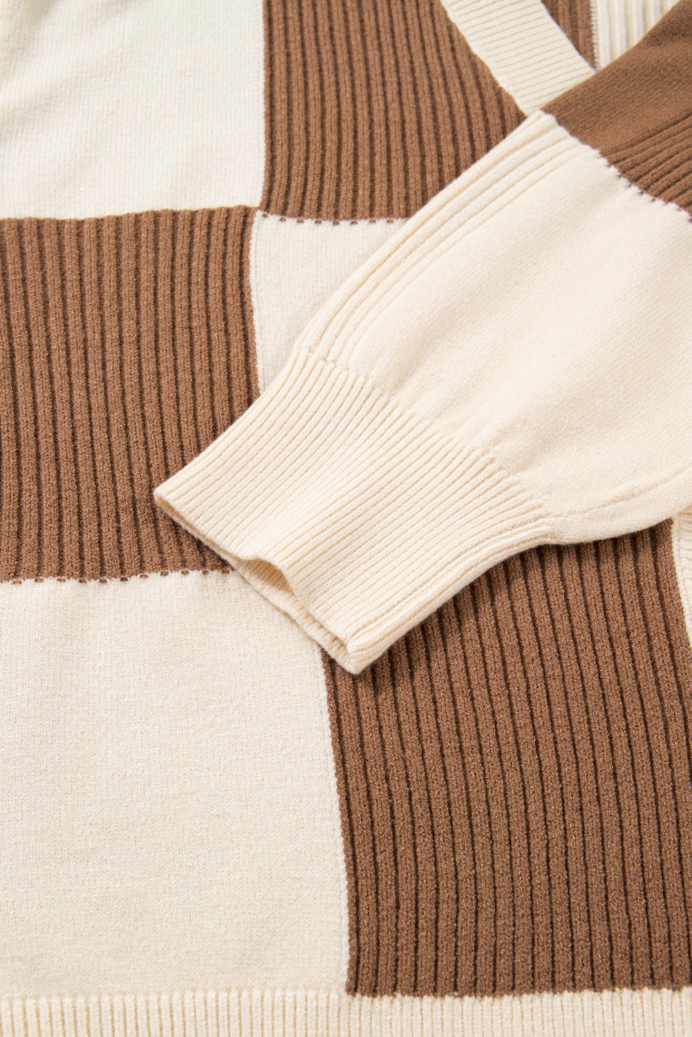 Khaki Checkered Ribbed Texture Knit Plus Size Cardigan Sweater