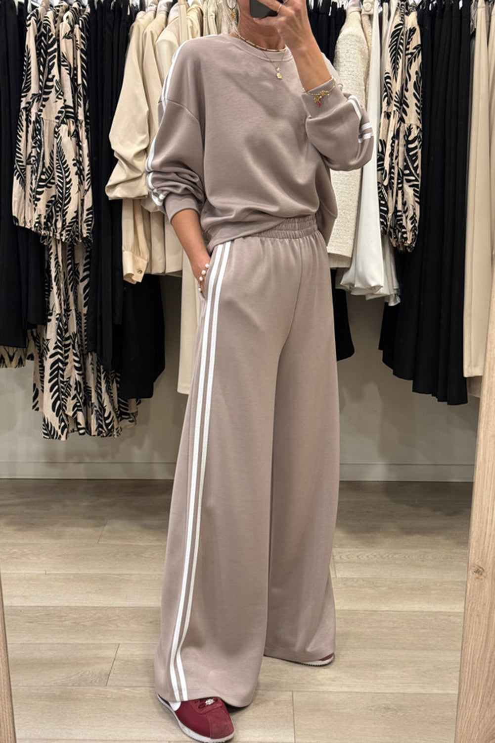 Oatmeal Varsity Striped Detail Crewneck Pullover Elastic Sweatpants 2pcs Outfit