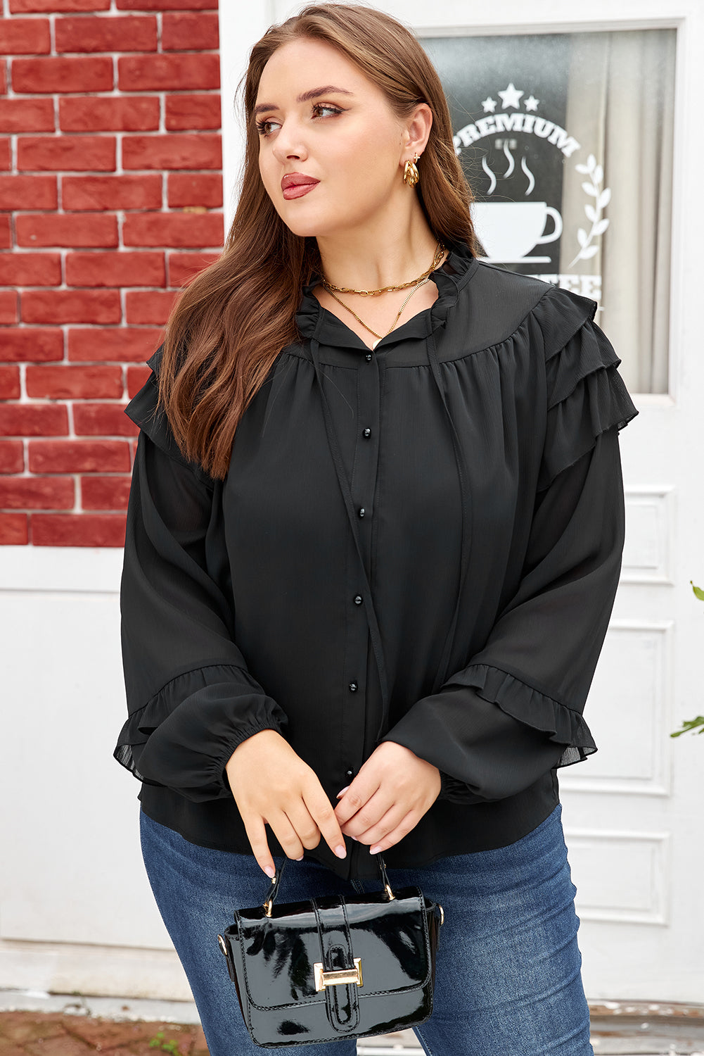 Black Ruffle Balloon Sleeve Chiffon Elegant Plus Size Shirt