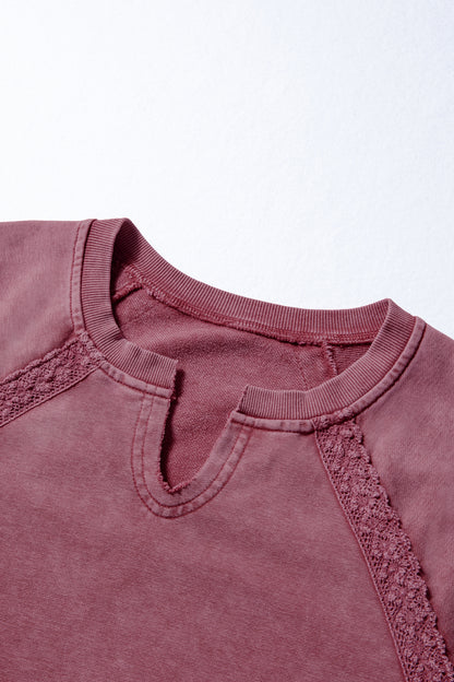 Red Dahlia Lace Patchwork Detail Notched Neck Mineral Wash Baggy Sweatshirt