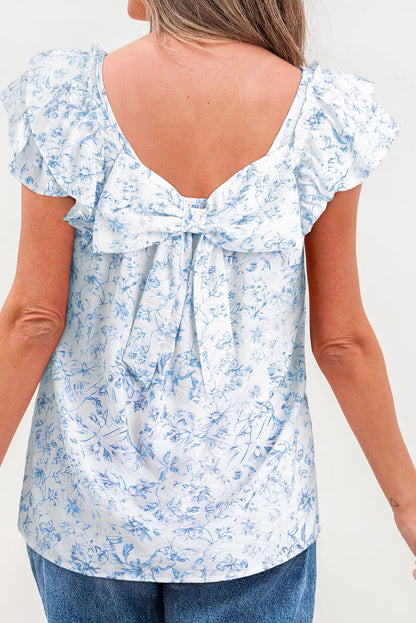 Pink Floral Ruffled Short Sleeve Bow Back Square Neck Blouse