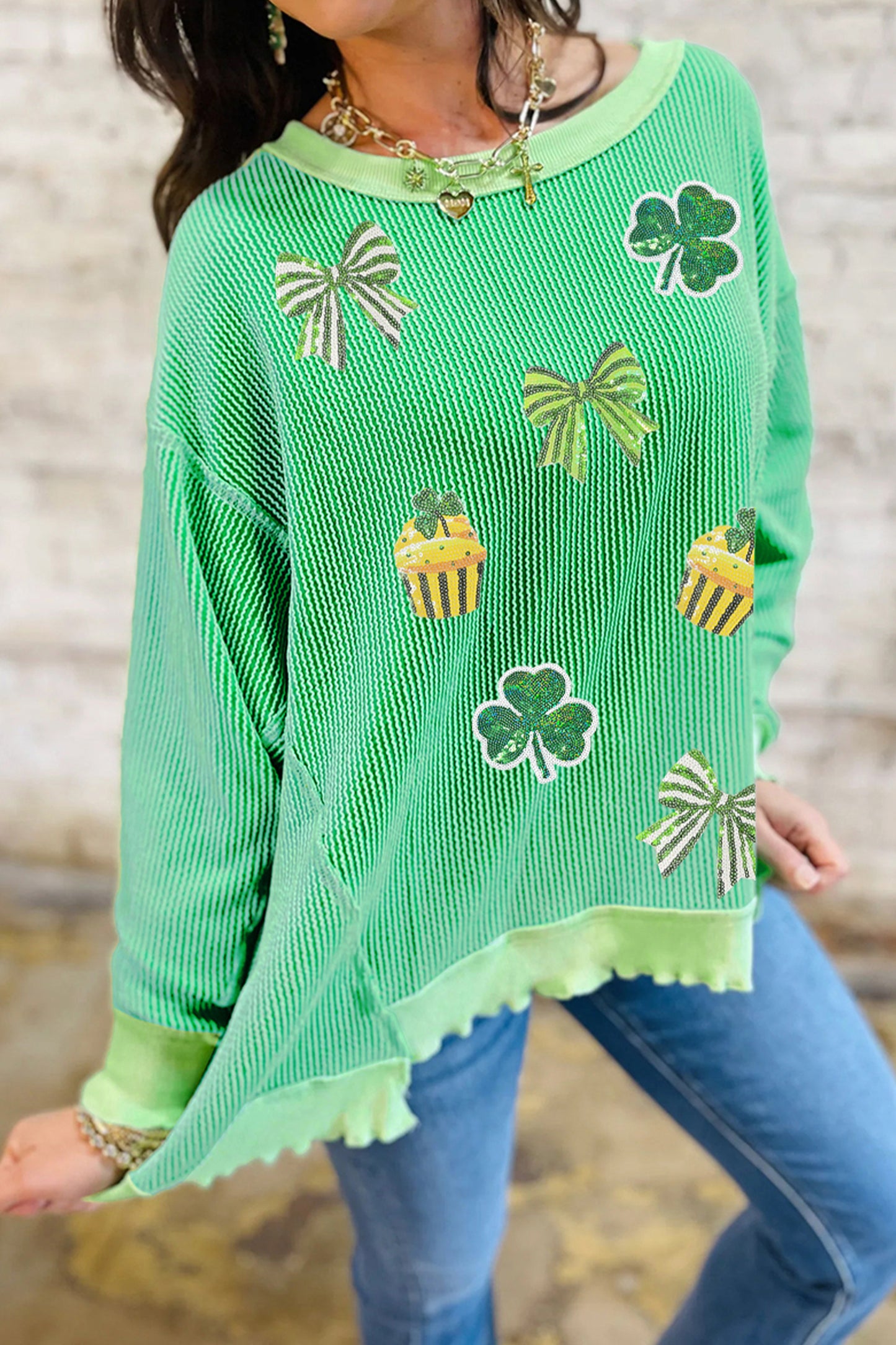 Bright Green Twisted Rib St Patricks Day Sequin Patch Graphic Long Sleeve Top