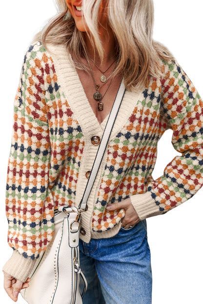 Multicolour Dotty Pattern Knit Button Front V Neck Sweater Cardigan