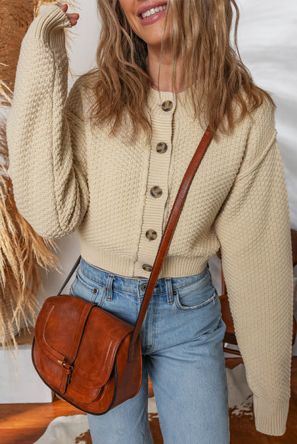 Beige Button Front Cropped Cardigan Sweater