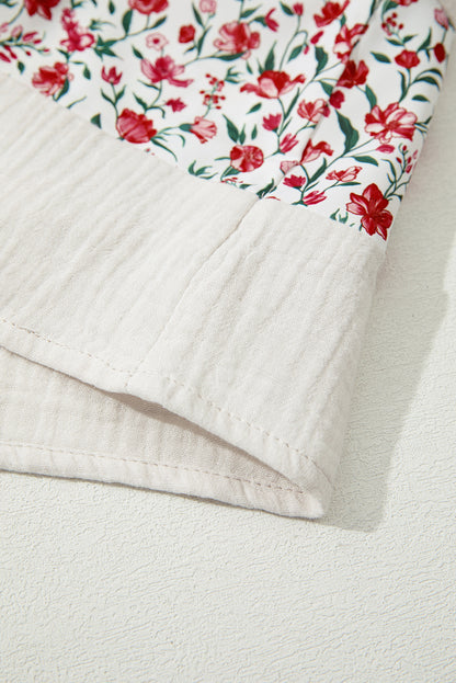 Sky Blue Floral Print Gauze Patchwork Henley Button 3/4 Sleeve Blouse