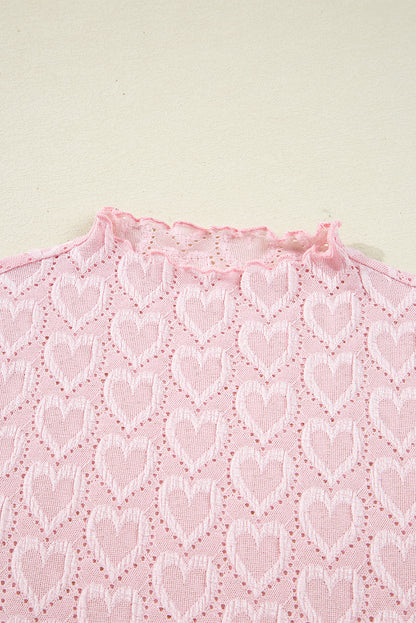 Gossamer Pink Heart Jacquard Flare Sleeve Mock Neck Fitted Top