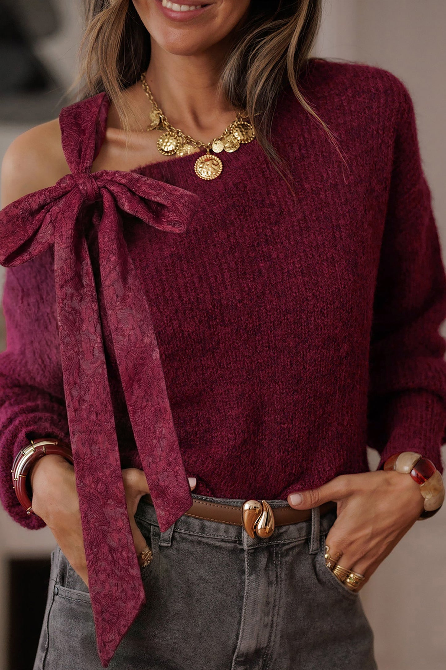 Burgundy Lace Bowknot Asymmetric Neck Sweater