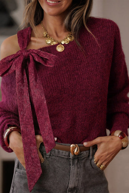 Burgundy Lace Bowknot Asymmetric Neck Sweater