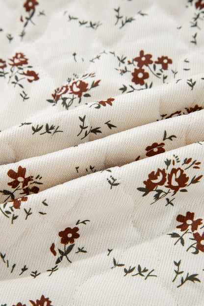 Apricot Floral Print Zip Up Quilted Vest