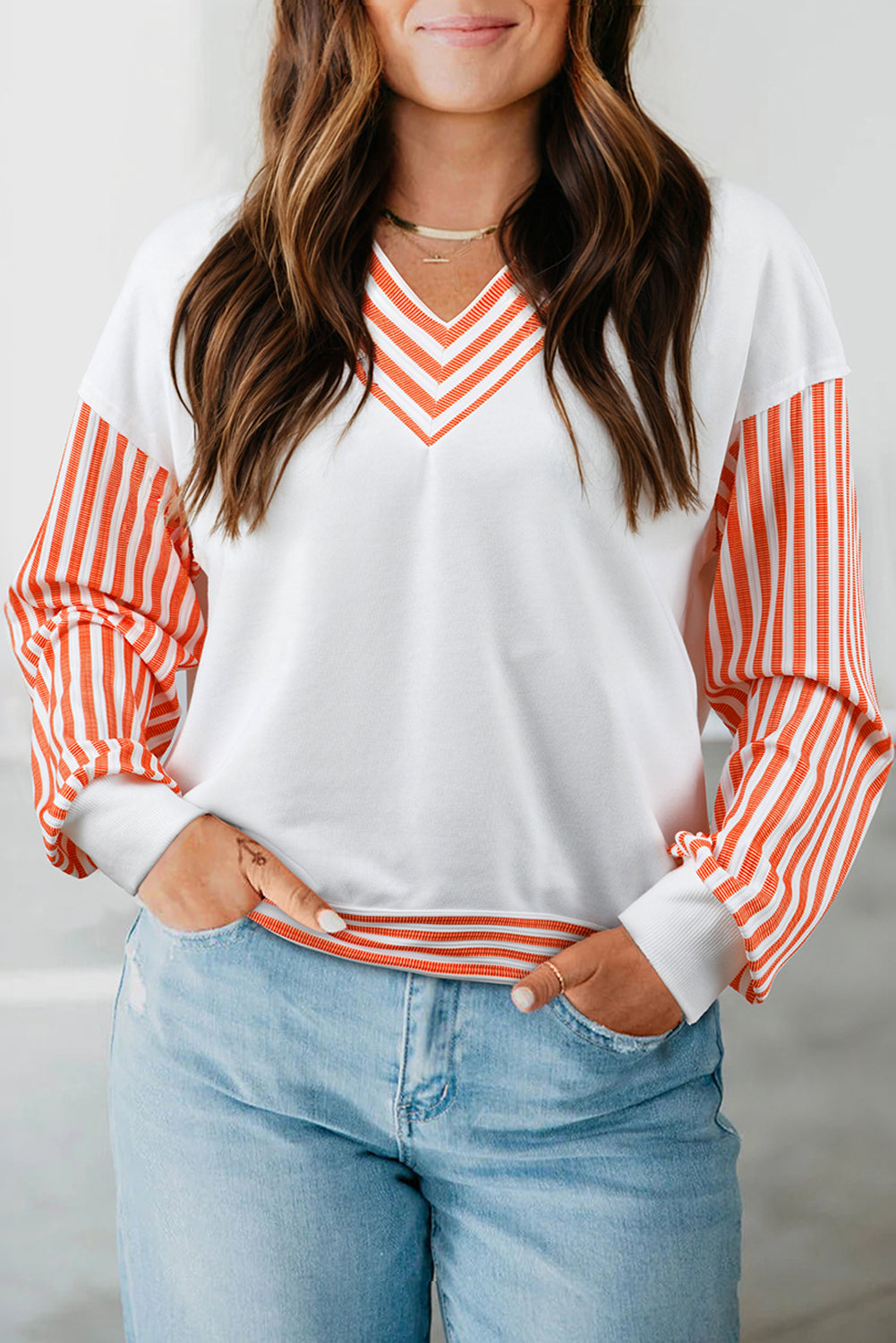 Orange Stripe V Neck Drop Shoulder Patchwork Long Sleeve Top