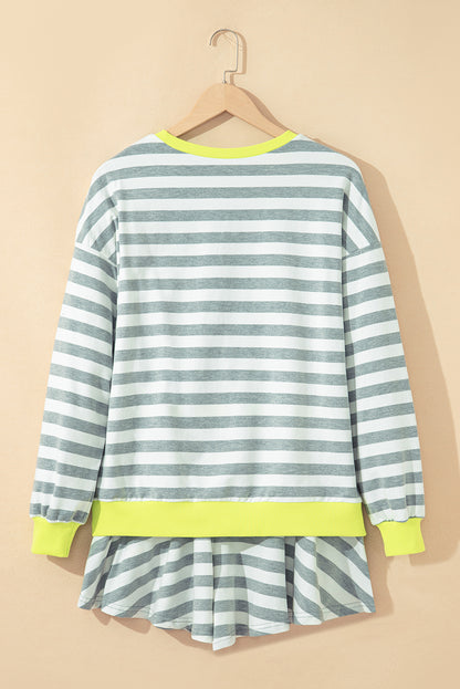 Gray Stripe Contrast Ribbed Banding Long Sleeve Blouse Loose Shorts Set