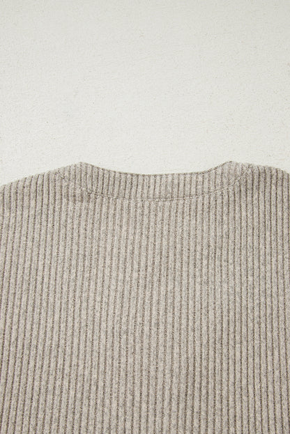 Simply Taupe Ribbed Texture Drop Shoulder Henley Knit Top
