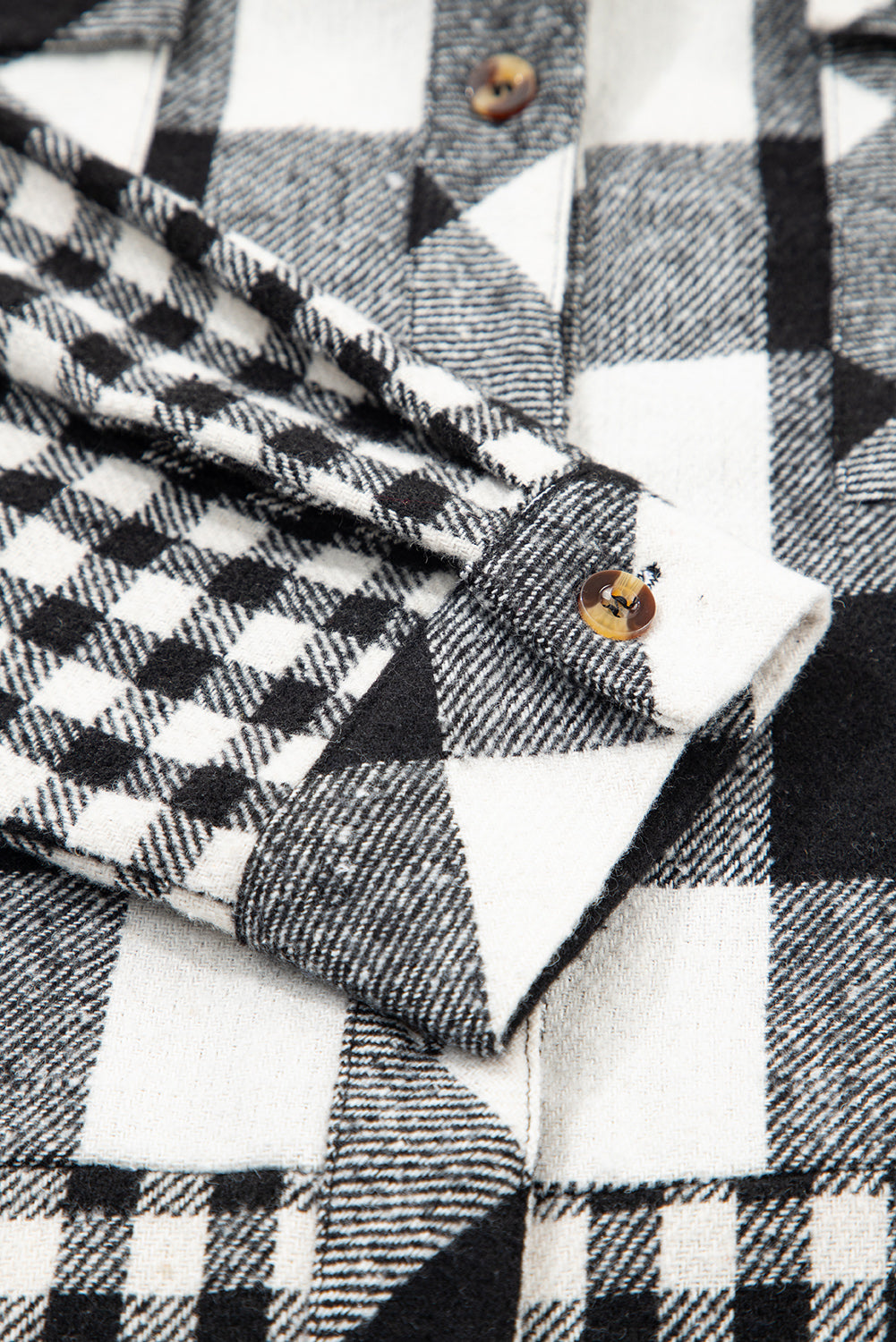 Black Double Plaid Patchwork Drawstring Hooded Shacket