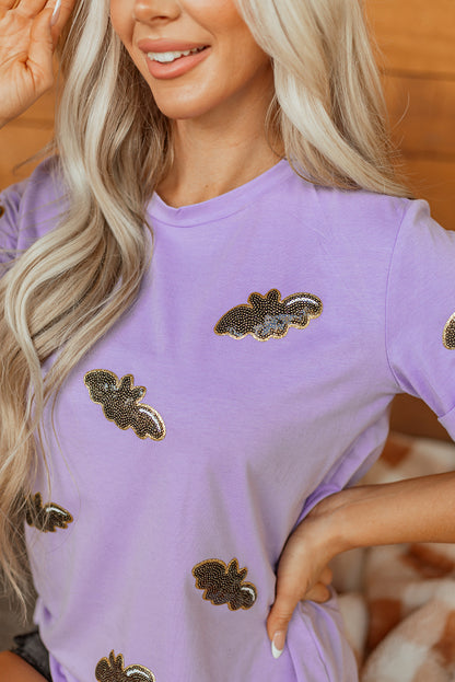 Wisteria Sequin Halloween Bat Patched Casual T Shirt